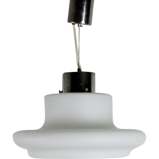 Lampe suspendue vintage en verre de lait et acier chromé, Tchécoslovaquie 1970