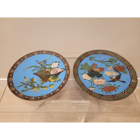 Image 1 of Paire d'assiettes vintage en émail cloisonné sur métal, Japon