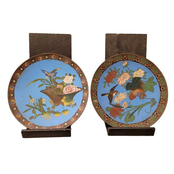Image 1 of Paire d'assiettes vintage en émail cloisonné sur métal, Japon