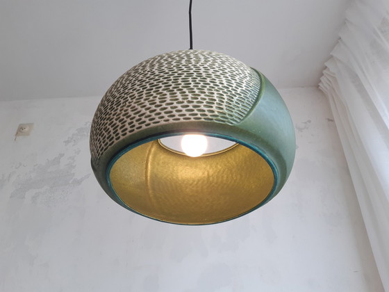 Image 1 of Lampe pendante vintage en céramique verte, Allemagne de l'Ouest, style lave grasse, céramique, poterie