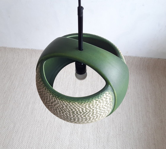 Image 1 of Lampe pendante vintage en céramique verte, Allemagne de l'Ouest, style lave grasse, céramique, poterie