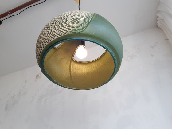 Image 1 of Lampe pendante vintage en céramique verte, Allemagne de l'Ouest, style lave grasse, céramique, poterie