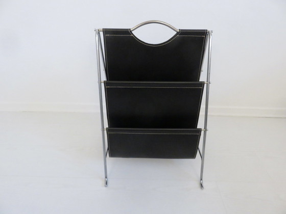 Image 1 of Porte Revue Style Bauhaus, Métal Chromé Et Skaï Noir