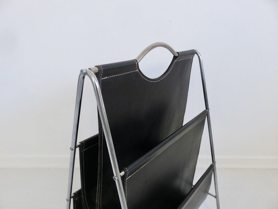 Image 1 of Porte Revue Style Bauhaus, Métal Chromé Et Skaï Noir