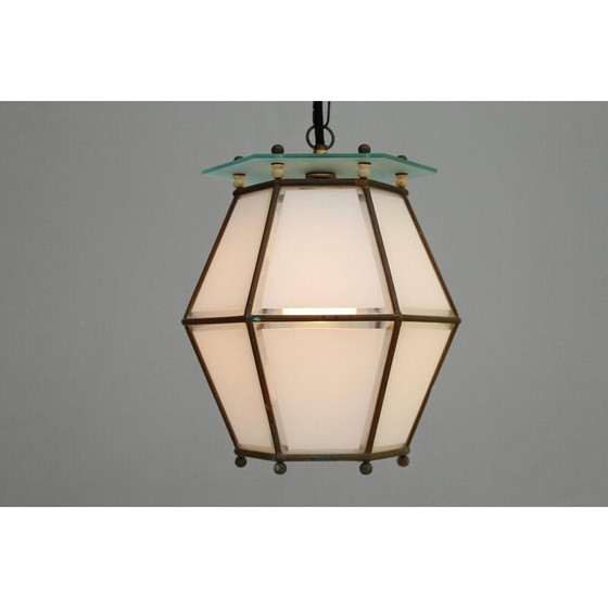 Image 1 of Lampe suspendue vintage Art Nouveau en laiton et verre de cristal, années 1900