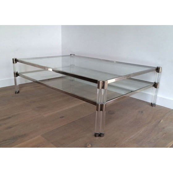 Image 1 of Table basse vintage en plexiglas et chrome avec double plateau en verre, France 1970