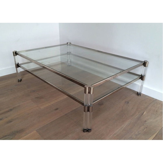 Image 1 of Table basse vintage en plexiglas et chrome avec double plateau en verre, France 1970