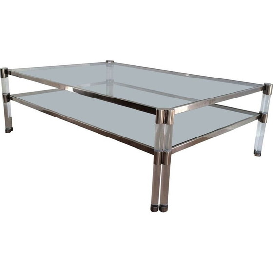 Image 1 of Table basse vintage en plexiglas et chrome avec double plateau en verre, France 1970