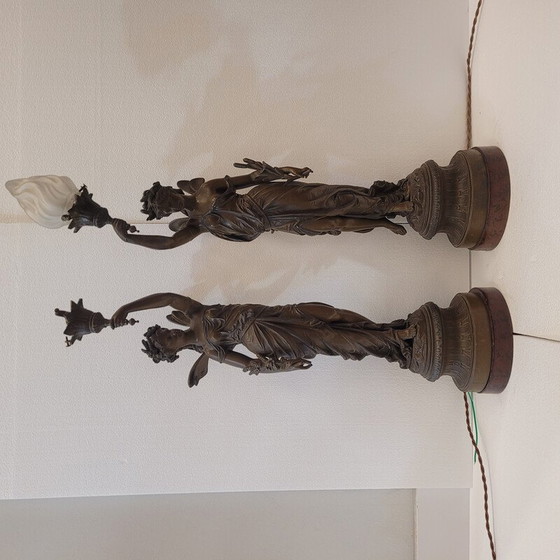 Image 1 of Paire de lampes de table vintage en bois et calamine