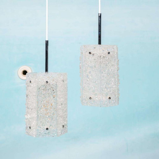 Suspension vintage hexagonale en verre et chrome années 1960