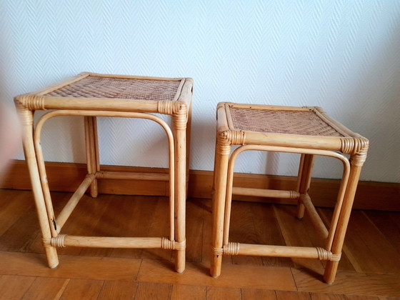 Image 1 of 2X Table Gigogne En Rotin Vintage Vers 1970 