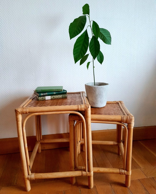 2X Table Gigogne En Rotin Vintage Vers 1970 