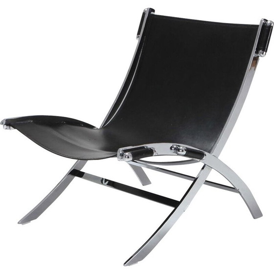 Image 1 of Chaise longue vintage en métal et cuir noir