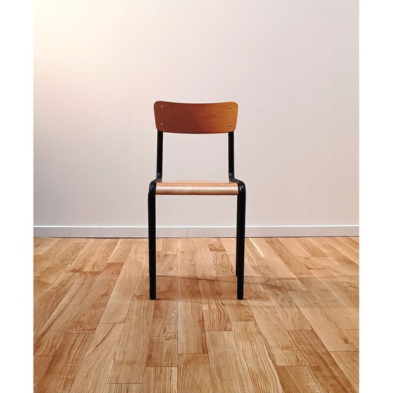 Image 1 of Chaise d'écolier vintage en métal et bois teinté noir