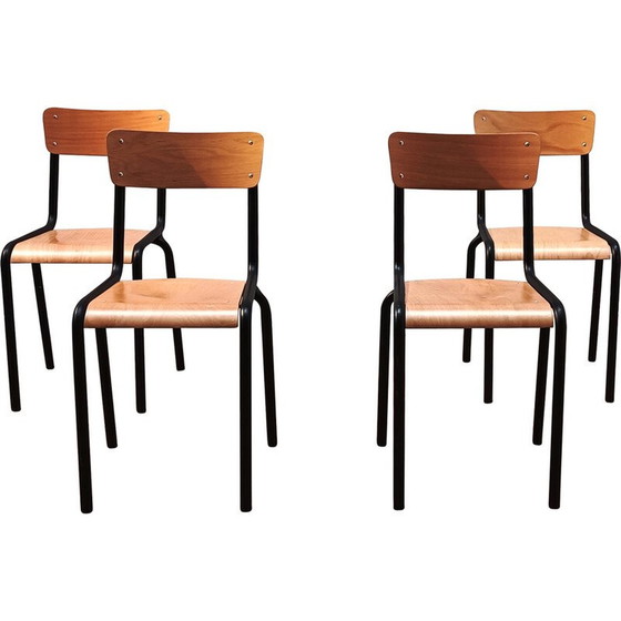 Image 1 of Chaise d'écolier vintage en métal et bois teinté noir