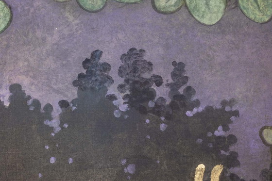 Image 1 of Toile Peinte Représentant Des Oiseaux Dans Un Décor Champêtre.