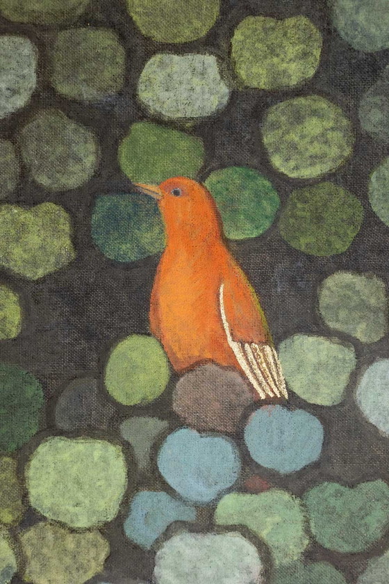 Image 1 of Toile Peinte Représentant Des Oiseaux Dans Un Décor Champêtre.