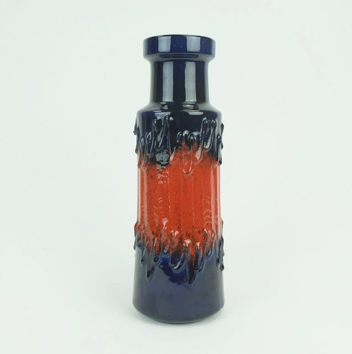 1960S 70S Vintage Scheurich Vase Model 205-32 Drip Glaze Bleu et Rouge