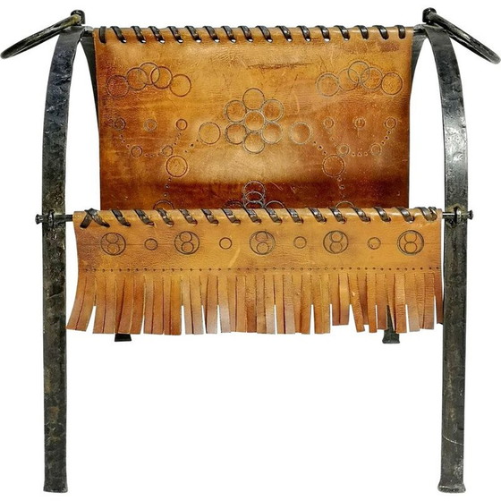 Image 1 of Porte-revues vintage en cuir de vache et fer forgé, 1970