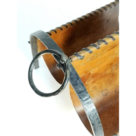 Image 1 of Porte-revues vintage en cuir de vache et fer forgé, 1970