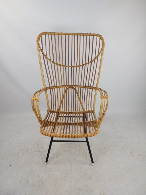 1 X Fauteuil à haut dossier en bambou et rotin style Rohé 1960'S