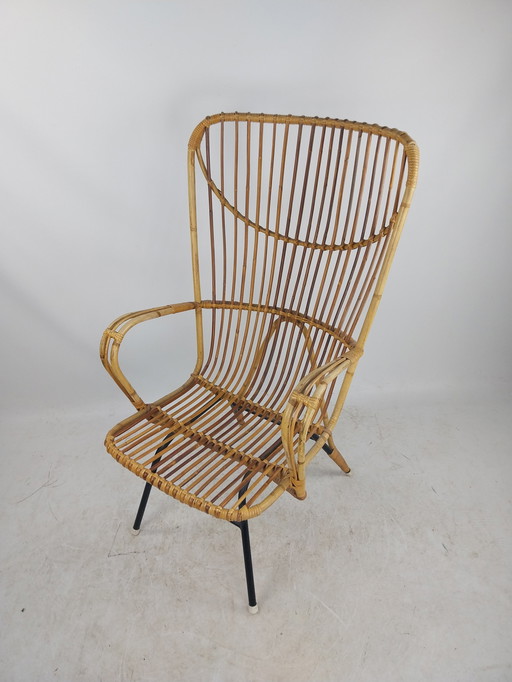 1 X Fauteuil à haut dossier en bambou et rotin style Rohé 1960'S