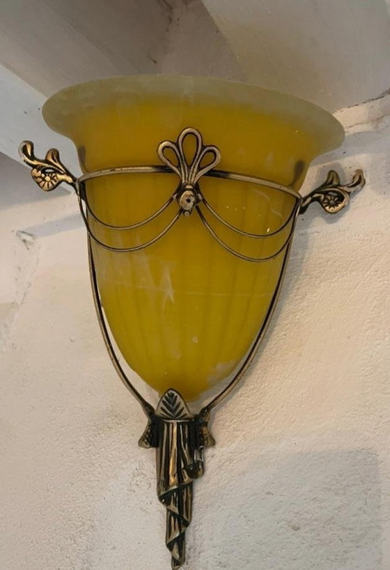 Image 1 of Appliques En Verre Jaune Et Bronze Doré / Style Art Déco