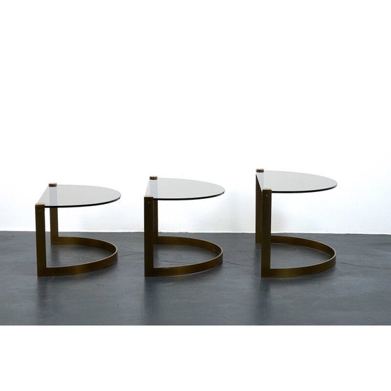 Image 1 of Ensemble de 3 tables basses vintage en verre doré et métal par Ronald Schmitt, 1970