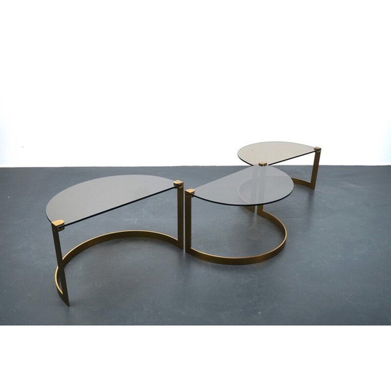 Image 1 of Ensemble de 3 tables basses vintage en verre doré et métal par Ronald Schmitt, 1970