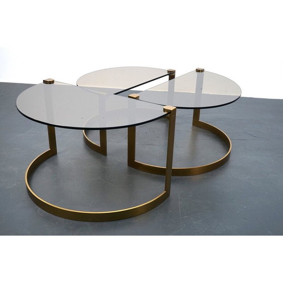 Image 1 of Ensemble de 3 tables basses vintage en verre doré et métal par Ronald Schmitt, 1970