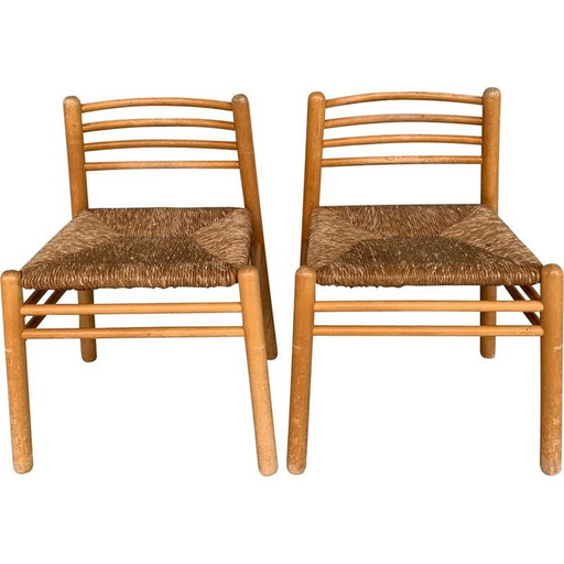 Paire de chaises vintage en pin et jonc, Pays-Bas 1960