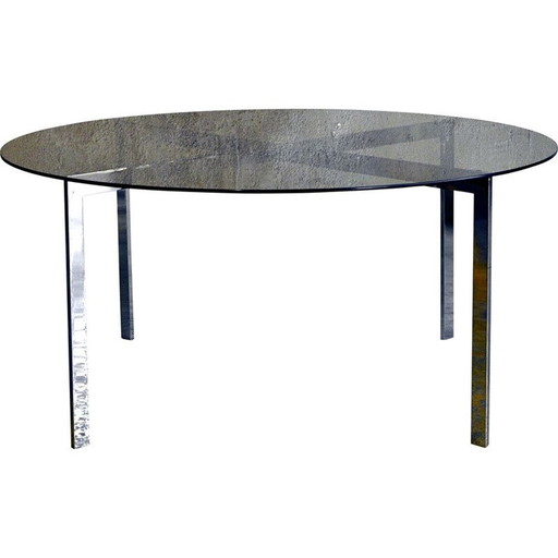 Table basse ronde vintage en verre fumé et métal, 1960