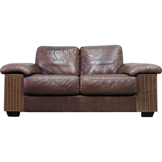 Image 1 of Canapé italien vintage en rotin et cuir, 1970