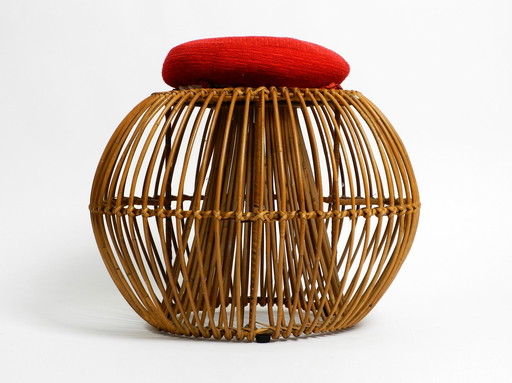 Magnifique Extraordinaire Original 60S Italien Bambou Rotin Tabouret Avec Son Coussin D'assise D'origine