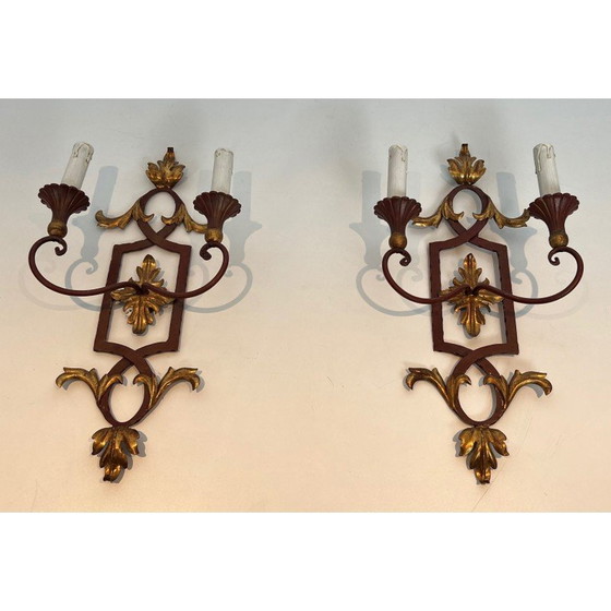 Image 1 of Paire d'appliques vintage en bois et fer forgé patiné rouge, 1940