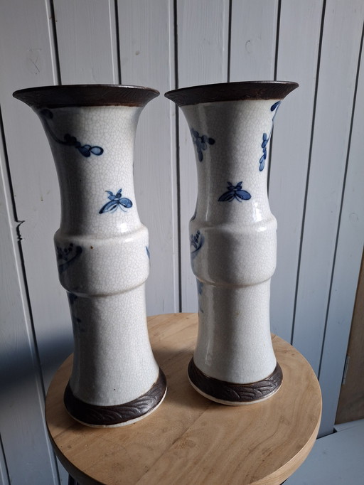 2 Vases à Collier Chinois Nankin Bleu Blanc Craquelé