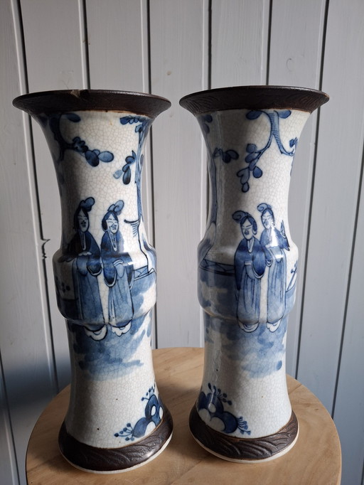 2 Vases à Collier Chinois Nankin Bleu Blanc Craquelé