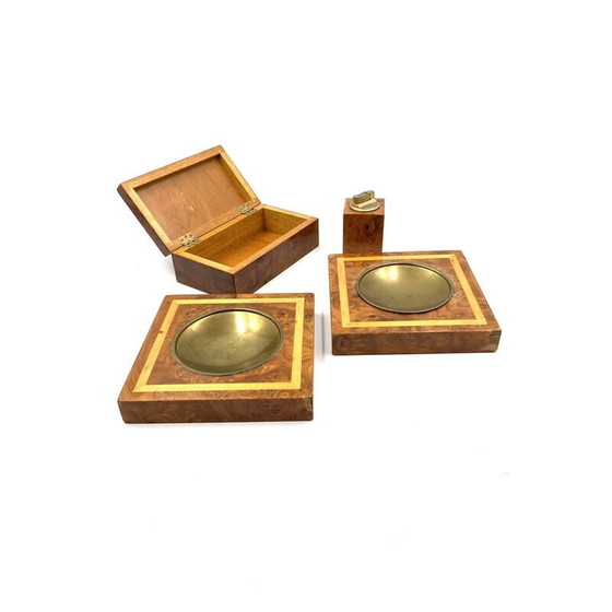 Image 1 of Set à fumer vintage en laiton et bois, Italie 1970