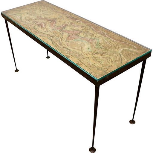 Console vintage avec plateau peint et base en fer martelé, France 1950