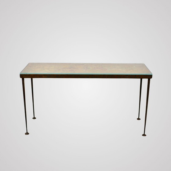 Image 1 of Console vintage avec plateau peint et base en fer martelé, France 1950