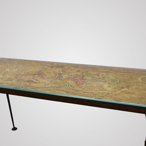 Console vintage avec plateau peint et base en fer martelé, France 1950