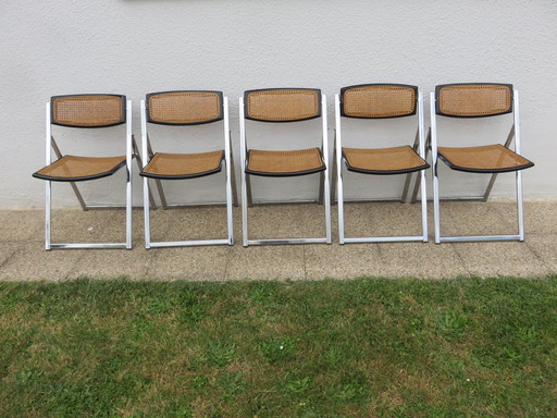 Série de 5 chaises métal chromé et cannage, Italy, 1970