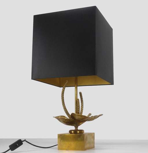 Lampe Fleur Stylisée En Laiton Doré 1970