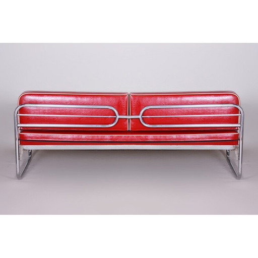 Canapé vintage en cuir rouge de Hynekk Gottwald, années 1930