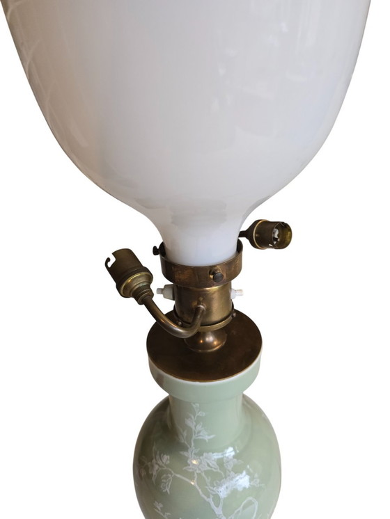 Image 1 of Lampe En Céladon Avec Opaline 2 Feux