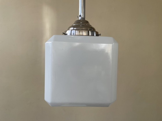 Image 1 of Lampe Pendentif Plafonnier Art Déco 1930 Cube Verre Blanc Français