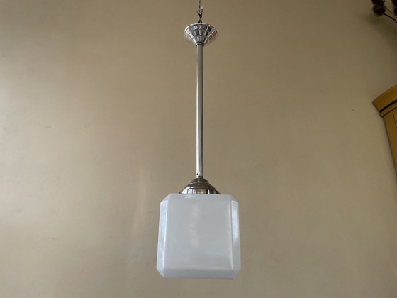 Image 1 of Lampe Pendentif Plafonnier Art Déco 1930 Cube Verre Blanc Français