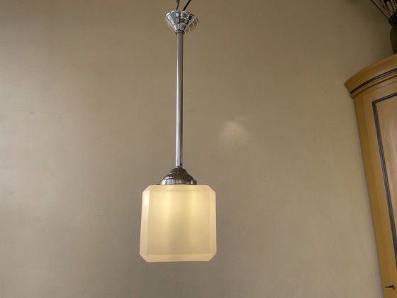 Image 1 of Lampe Pendentif Plafonnier Art Déco 1930 Cube Verre Blanc Français