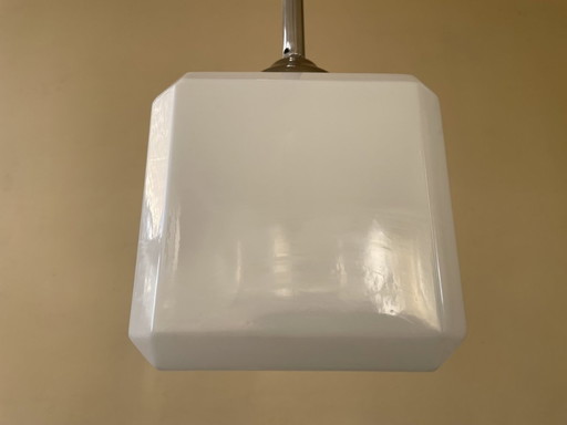 Lampe Pendentif Plafonnier Art Déco 1930 Cube Verre Blanc Français