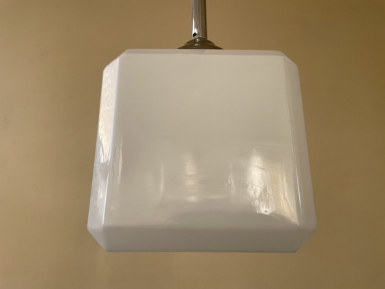 Image 1 of Lampe Pendentif Plafonnier Art Déco 1930 Cube Verre Blanc Français